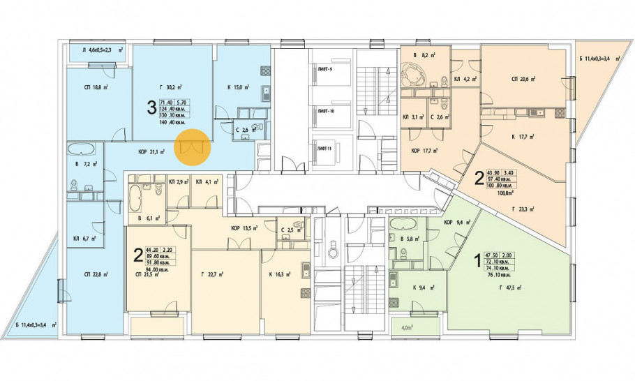 Трёхкомнатная квартира 130.1 м²