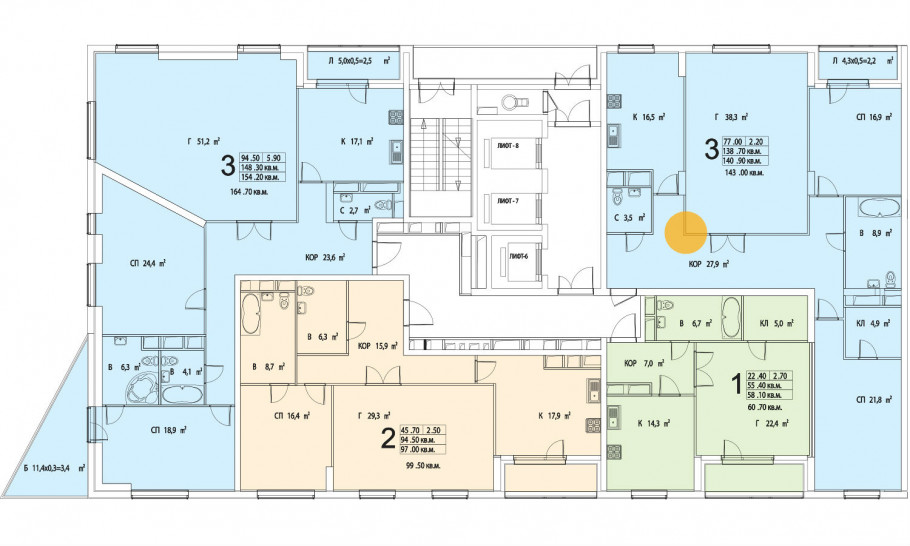 Трёхкомнатная квартира 140.9 м²
